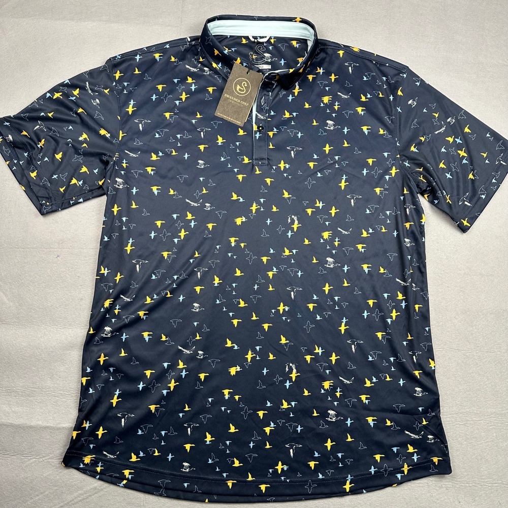 Swannies Golf Corbin Performance Polo Midnight Navy Geese Print Mens XL NEW - Picture 2 of 9